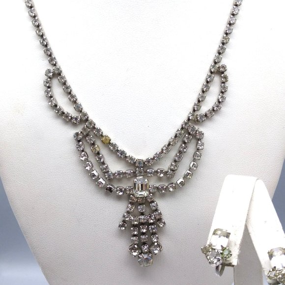 Art Deco Coro Glam Parure, Vintage Crystal Bib Drape Choker Necklace and Matchin - Picture 3 of 8
